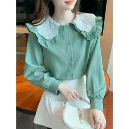 Spring Patchwork weiße Bluse Feste Farbe Langarm Peter Pan Kragen Lose Hemd Tops Koreanische Mode Frauen Kleidung S2XL 240407