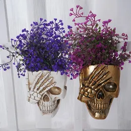 Skull Head Flower Pots Gothic Skeleton Planter Container Office Succulent Plant Organizer Halloween Tabletop Ornament 240325