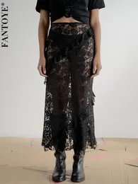 Fantoye Sexy See através da saia feminina de renda preto cintura alta floral y2k saia femme férias casuais de verão fora do streetwear 240325