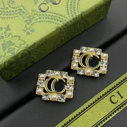 18K Gold Patrated Luxury Brand Designers Double Letters Stud GEOMETRIC Women Crystal Rhinestone Pérola Earring Party Jewerlry