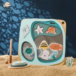 Montessoris Toys de pesca magnética de madeira para bebês desenho marinho cognição cognição de peixes Educação entre pais e filhos interativos 240407