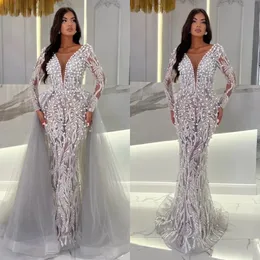 Stunning crystal Mermaid Evening Dresses elegant with detachable train illusion V Neck Beaded long sleeves Prom dress pearls formal dresses for women