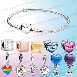 Nowy różowy 2024 SERCE SERCE Bransoletki dla kobiet chłopcy dziewczęta DIY Fit Pandoras Peads Triple Dangle Charms 925