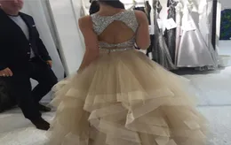 Champagner -Ballkleid -Promise Kleider funkelnde Pailletten Perlen Top Tulle gestufte Rock Schlüsselloch zurück -Größe Rückenfreie Abendkleider9566695