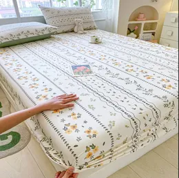 Lençóis de cama elásticos de algodão 100% folha de folha de travesseiros de pércia de flor de casal 2pc Single Queen King Size B99G 240325