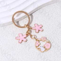 Keychains Lanyards Pink Cherry Blossom Emalj Keychian Flowers Rabbit Animals Key Ring for Women Girl Easter Friendship Gift Handmased Jewlery Q240403