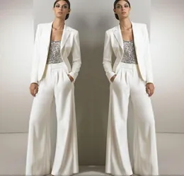 2018 White Three Pitces Mother of the Bride Pant Suits for Silver Heased Wedding Guest Dress with Jackets Plus Size8024604