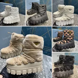 Plack Snow Boots Designer Nylon Gabardine Apres-ski Shearling Boots Luxury Women Waterproof tyg Varma stora tänder Tjock Sole Stövlar Storlek 35-41