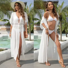 Long Swim Beach Dress White Cardigan Coint Ups dla kobiet -strojów szafki sznurka czarna maxi ukryta letnia gniazdka S L 240325