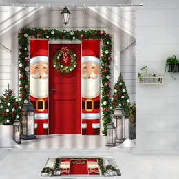 Shower Curtains 2pcs Christmas Barn Door Curtain Anti Slip Bathroom Set Xmas Santa Claus Porch Banner Garland Pine Tree Decor