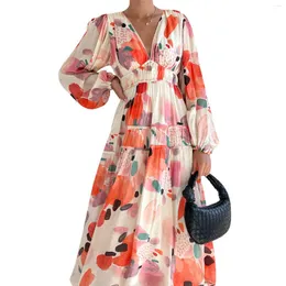 Casual Dresses Bohemian Floral Print Beach Long Dress Women's Spring Summer Party A-Line Lantern Sleeve V-Neck blared