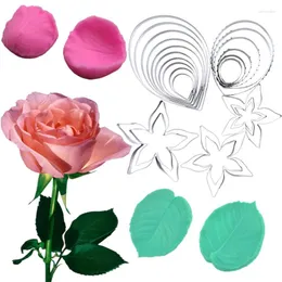 Bakning Mögel Rose Petal Leaves Silicone Mold Cutter Fondant Cake Decorating Tools Floral rostfritt stål Set Confitaria Tool