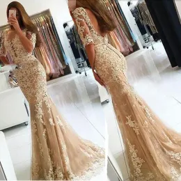 فساتين الدانتيل Openback Halfsleeves Mermaid Champagne Prom Dresses Sheer Vneck Sexy Evening Dress Vestidos de Fiesta Cortos 2019