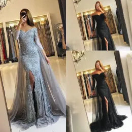Dresses Evening Dresses Wear 2018 New Silver Gray Black Off Shoulder Lace Appliques Beaded Tulle Split Long Sleeves Party Dress Formal Pro