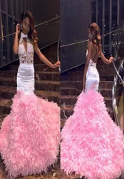 Pink Feather Halter Mermaid Prom Dresses 2K18 Sexig backless Se genom aftonklänningar Tulle Ruched Sweep Train South African Party3410487