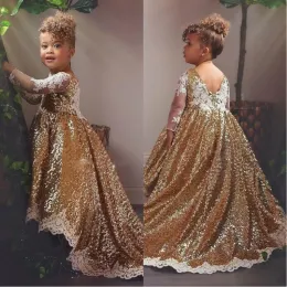 Klänningar 2020 Glitter Gold Flower Girl Dresses With White Lace Appliques Long Hides Hi Lo Toddlers Teens Party Communion Dress Pageant Go