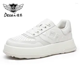 Casual Shoes DESAI Men Thick Bottom Sneaker Walking For Full Grain Leather Cowboy Laces Breathable 2024 White