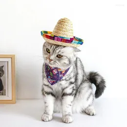 Vestuário de cachorro fofo cachorro gato palha tecido chapéu de sol sombro mexicano sombrero suprimentos de animais de estimação acessórios