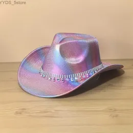 Weitkrempeln Hats Bucket Laser Regenbogen Cowgirl Hut heiß gestempelte Jazz Fedora Bright Hip Hop Party Rave Cowboy Y2K YQ240407