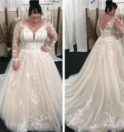 2021 Plus Size Vneck Wedding Dresses Sheer Full Long Seces Lace Appliques A Line Tulle Australia Dress Brudklänningar Formell Robe6438711