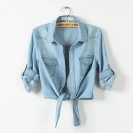 Denimskjorta kort ärm kvinnors toppar kemis femme skörd kvinnor sexig blus sommar cool feminina skjortor 240326