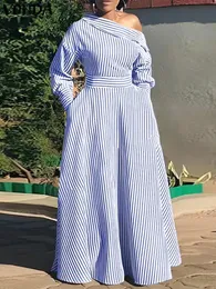 Vonda Women Elegant Striped Maxi Dress Bohemian Sundress Casual Loose Off Shoulder Long Sleeve Party Vestidos Robe Femme 240329