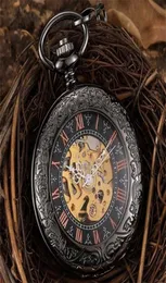 Ręczny wiatr mechaniczny zegarek kieszonkowy dla mężczyzn z rzymskimi liczbami szkieletowymi szkieletu łańcucha szkieletu zegarki szkieletowe szkieletu steampunk szkieletu
