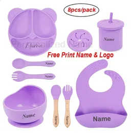 Silicone Bear Plate For Kids Baby Feeding Bib Spoon Sets Personalized Names Childrens Tableware Sucker Bowl Plate Gifts For Kid 240321