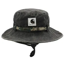 Washed Camouflage Large Eave Outdoor Sunshade for Men and Women, Trendy Basin Hat, Foldable Windproof Rope, Leather Label Fishing Hat