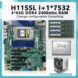 Moderbrädor H11SSLI SP3 Moderkort +1* 7532 32C/64T 200W CPU -processor +4* 64GB = 256 GB RAM DDR4 2400MHz Recc Memory Epyc 7532 för H11SSL I