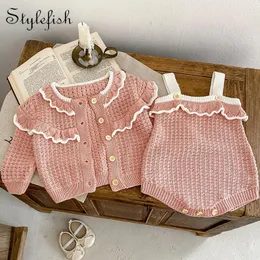 Conjuntos de roupas INS Spring e Autumn Network Red infantil criança menina baby baby basting bico chap strap romper riacho de 2 peças Conjunto