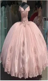 2022 Off the Shoulder Puffy Pink Quinceanera Dresses Lace Applqiue Sweet 16 Prom Gowns Lace vestidos de 15 anos xv dress B0606G86460340