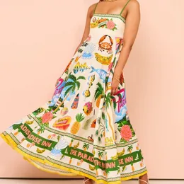 STYLISH LADY Graffiti Printed Big Swing Dress 2024 Summer Women Spaghetti Strap Backless Holiday Beach Long Maxi Dresses