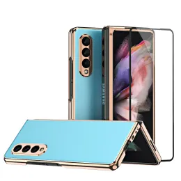 Processors Vacuum Plating Frame Frosted Metal Back Folding Case for Samsung Galaxy Z Fold 3 5g Tempered Glass Protective Capas