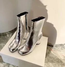 Buty Silver Tabi Split Toe Chunky High Heel Boots Skórzane zapatos mujer moda jesień buty dla kobiet botas4875519