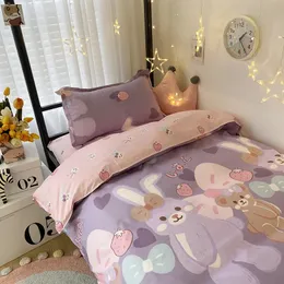 Kuup Kawaii Tavşan Baskılı Yatak Seti Floral Nevresim Yastık Kılıfı Yatak Sayfası Yorgan Tek Kraliçe Boyut 240325