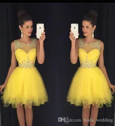 2019 Yellow New Homecoming Dress A Line Sheer Crew Neck Beaded Short Juniors Sweet 15 Graduation Cocktail Party Dress Plus Size Cu9214415