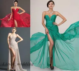 Hochwertiger Schatz Abendkleid neuer roter Champagner Emerald Green mit Schlitz Chiffon Langes Falten formelles Partykleid6225230