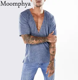 Moomphya Deep Vneck Raised Striped Men TシャツサイドスプリットオープンTシャツの男性ヒップホップTシャツストリートウェアクールサマートップスT2006171188176