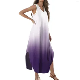 Sıradan Elbiseler Kadınlar 2024 Yaz Gevşek Sundress Uzun Elbise Baskı Kolsuz V Boyun Bölünmüş Tshirt Maxi Zarif Wome