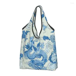 Förvaringspåsar återanvändbar Magic Mountain Dragon Porcelain Bule Chinoiserie Shopping Tote Bag Portable Antique Delft Grocery Shopper