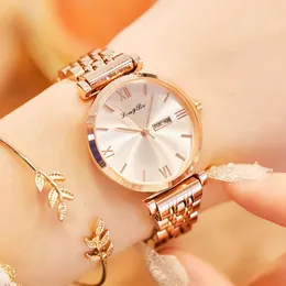 Longbo's New Women's Korean Edition Quartz Watch Leisure and Simple Double Calendar Three Needle Solid Steel Band