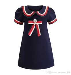 Abito in stile preppy 2019 ins New Styles Summer Girl Kids Cute Big Bow Wasle Short Lace Collar abito di cotone di alta qualità1088156