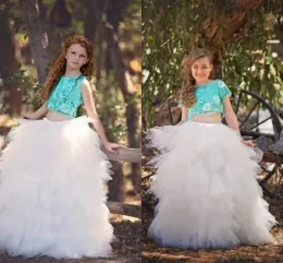 Kleider 2016 Two Stücke Mädchen Festzugskleider Tüll Schichten Tutu Applikationen Blumenmädchen Kleid Kinder Rücken Reißverschluss bodenlange Kinder Party G.