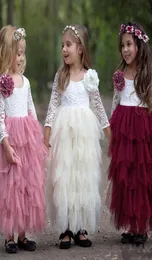 Yaz 2020 Mücevher Boyun Bohem Dantel Tutu Çiçek Kız Elbiseler Safa Uzun Kollu Kısa Çocuk Doğum Günü Cemaat Elbise Beach Boho PA3191522