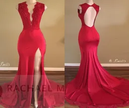 New Red Prom Dresses Deep VNeck Sweep Train Piping Side Split Modern Long Skirt Backless Formal Evening Gowns Pageant Dress4575487