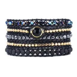 Bracelets Men and Women Vegan Bohemian Black Mix Natural Stone Beadwork 5 Wraps Bracelet Jewellery