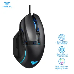 Står Aula F808 USB Wired Gaming Mouse Gamer Backlight Mouse Side Wings Ro Programmering 10 knappar 4200 DPI för stationär bärbar dator PC