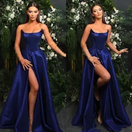 Blue A Navy Line Prom Dress Strapless Bone Bodice Evening Elegant Thigh Split Satin Formal Dresses For Women es