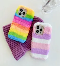 Rainbow Bling Diamond Fluffy Fur Cose Telefle na iPhone 14 13 Pro Max 12 mini 11 x x